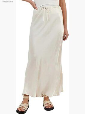 High Waist Drawstring Maxi Skirt A-Line Flare Solid Slim Fitted Casual Midi